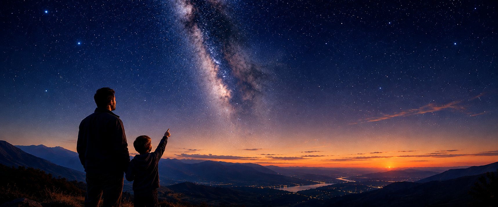 Father and child looking toward the Milky Way above a mountain landscape
